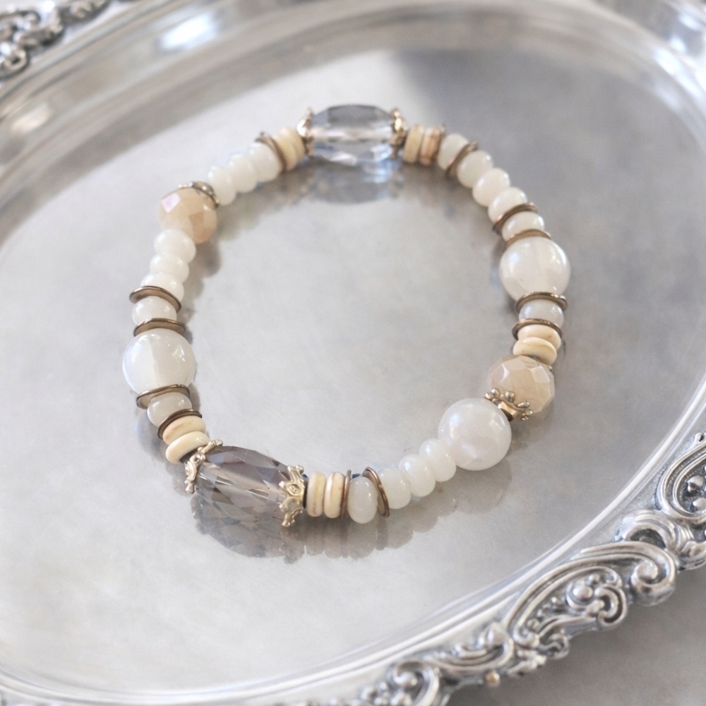 Handmade Beautiful Cream & Taupe Beaded Stretch Bracelet.